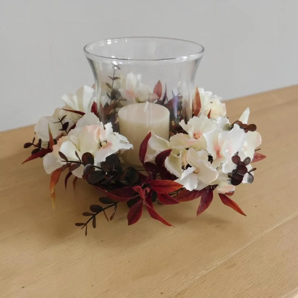 Mini Fall Candle Ring, Grapevine Wreath, Burgundy Leaves, Dried Look Hydrangeas
